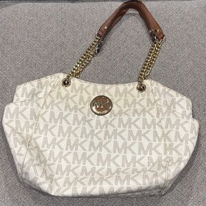 Michael Kors Cream Signature MK Logo Tote with Brown Leather & Gold Chain